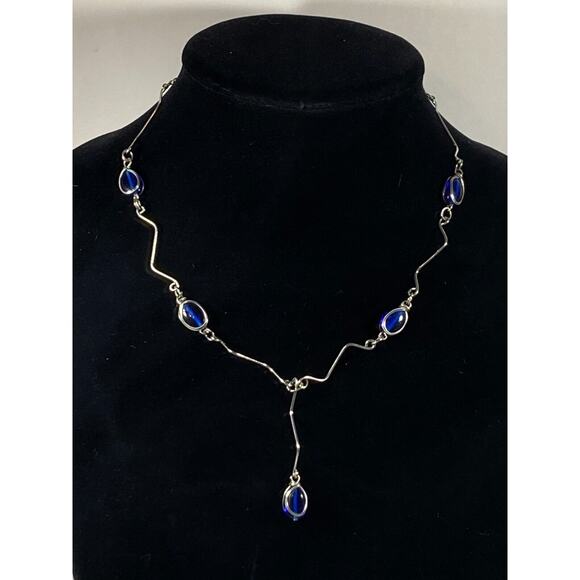 Silver Tone Blue Oval Glass Unique Link Station Necklace Drop Pendant 17 in - Picture 1 of 9